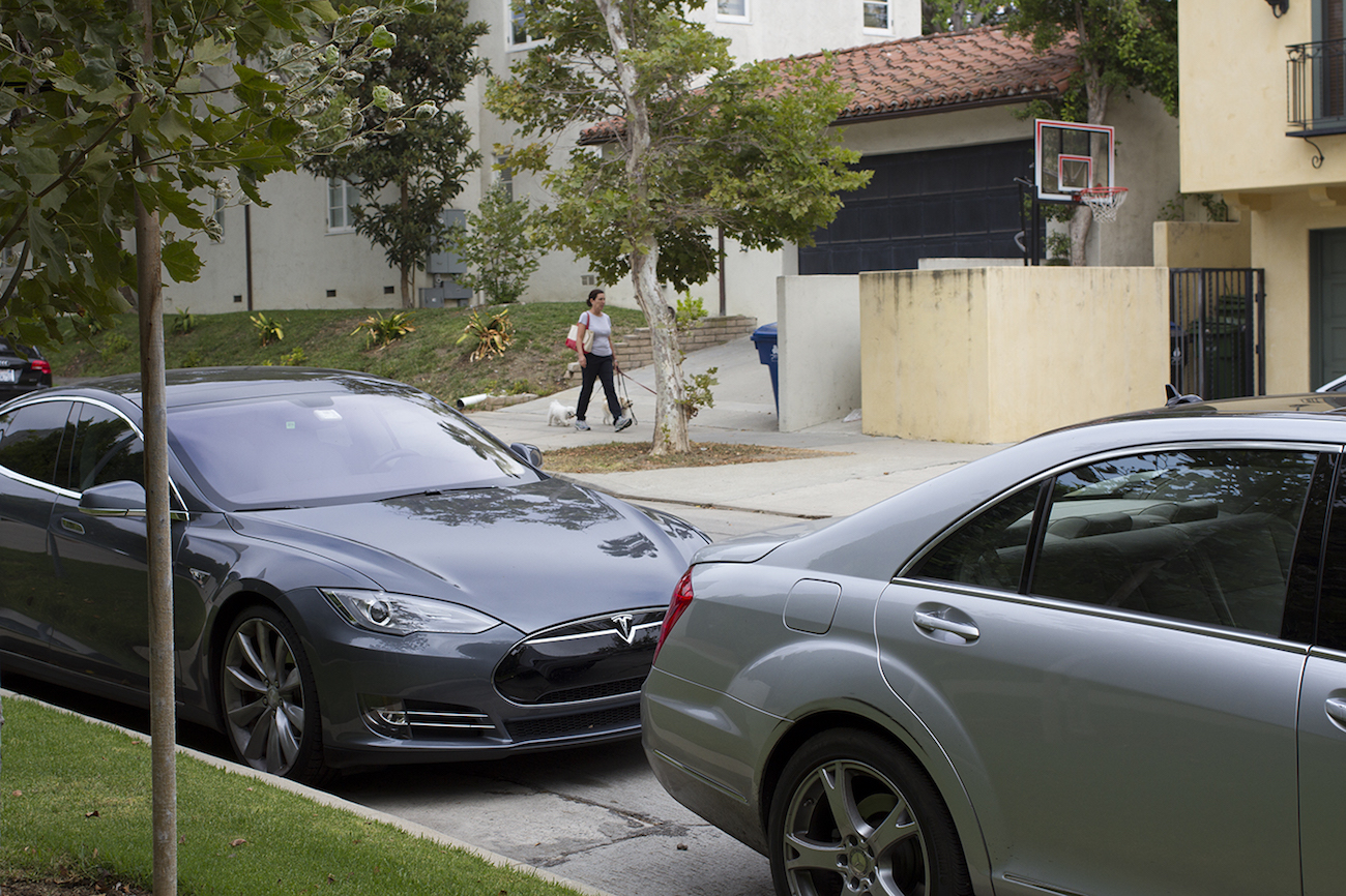 Tesla in the foreground and a person walking dogs in the background